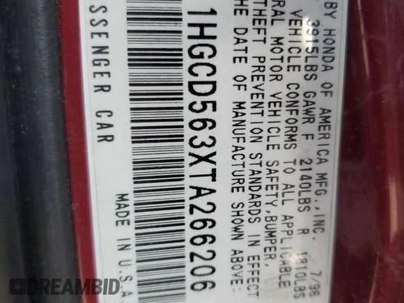 1996 Honda Accord LX with VIN 1HGCD563XTA266206, listed as a Copart auction lot 48601005 with 302,329 mi miles and Salvage Title. Bid and sale history available at DreamBid. Image 12.