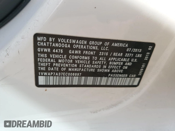 2014 Volkswagen Passat S с VIN 1VWAP7A37EC006897, выставлен на аукционе Copart как лот 53035155 с пробегом 176 129 миль миль и Списание • Salvage title. История ставок и продаж доступна на DreamBid. Изображение 13.