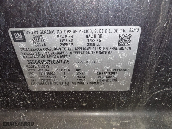 2014 Chevrolet Silverado 1500 LTZ with VIN 3GCUKSEC3EG241015, listed as a IAAI auction lot 41443514 with 193,329 mi miles. Bid and sale history available at carsss.com. Image 9.