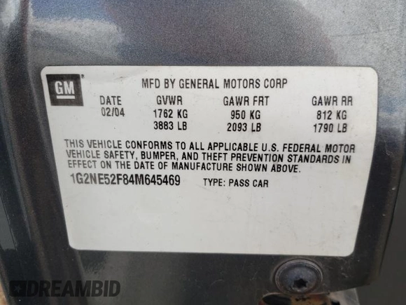 2004 Pontiac Grand Am SE with VIN 1G2NE52F84M645469, listed as a Copart auction lot 57923314 with 158,769 mi miles and Salvage Title. Bid and sale history available at carsss.com. Image 12.