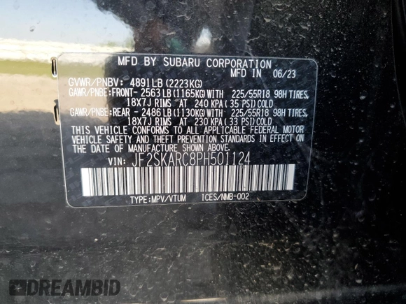 2023 Subaru Forester Touring with VIN JF2SKARC8PH501124, listed as a Copart auction lot 53019845 with 21,956 mi miles and Salvage title. Bid and sale history available at DreamBid. Image 14.