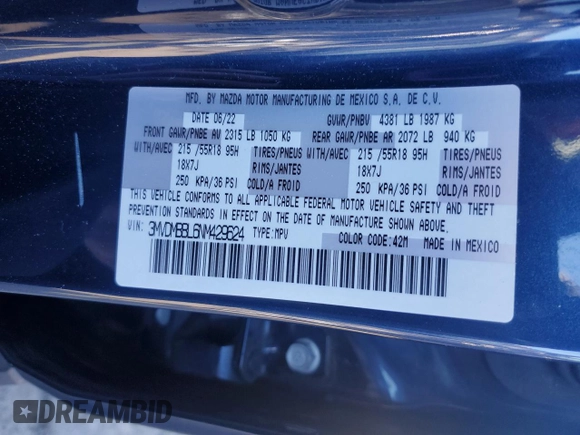 2022 Mazda CX-30 S Select z VIN 3MVDMBBL6NM429624, wystawiony jako Copart lot #57426795 z przebiegiem 48 412 mil mil oraz Szkoda całkowita • Salvage title. Historia ofert i sprzedaży dostępna na DreamBid. Obrazek 12.