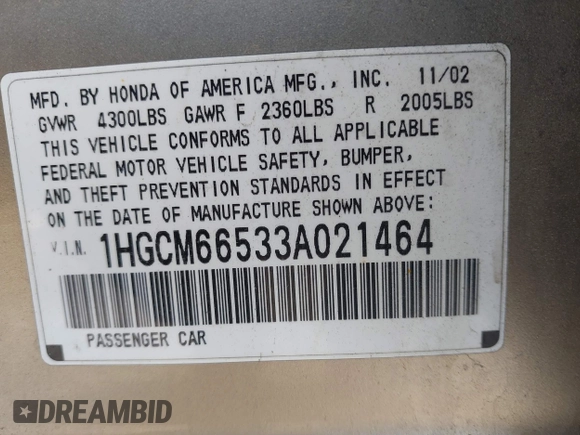 2003 Honda Accord EX with VIN 1HGCM66533A021464, listed as a IAAI auction lot 42494947 with 151,835 mi miles and . Bid and sale history available at DreamBid. Image 9.