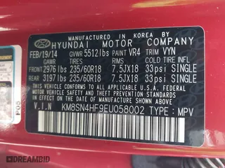2014 Hyundai Santa Fe Limited with VIN KM8SN4HF9EU058002, listed as a IAAI auction lot 40785983 with 1 mi miles. Bid and sale history available at carsss.com. Image 9.
