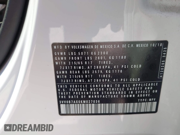 2019 Volkswagen Tiguan S with VIN 3VV0B7AX0KM027036, listed as a IAAI auction lot 42202681 with 75,192 mi miles and . Bid and sale history available at DreamBid. Image 9.