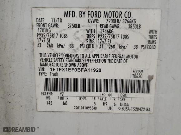 2011 Ford F-150 XL with VIN 1FTFX1EF0BFA11928, listed as a Copart auction lot 50309385 with 166,322 mi miles and Clean Title. Bid and sale history available at carsss.com. Image 12.