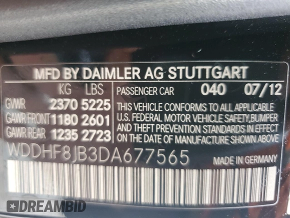 2013 Mercedes-Benz E 350 Luxury with VIN WDDHF8JB3DA677565, listed as a Copart auction lot 62122335 with 159,952 mi miles and Clean title. Bid and sale history available at DreamBid. Image 12.