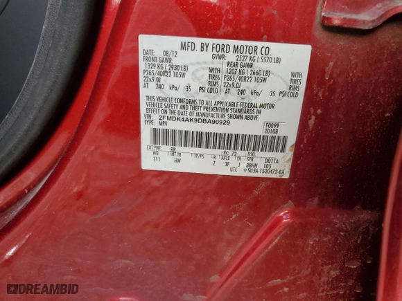 2013 Ford Edge Sport with VIN 2FMDK4AK9DBA90929, listed as a Copart auction lot 44265675 with 92,853 mi miles and Salvage Title. Bid and sale history available at carsss.com. Image 15.