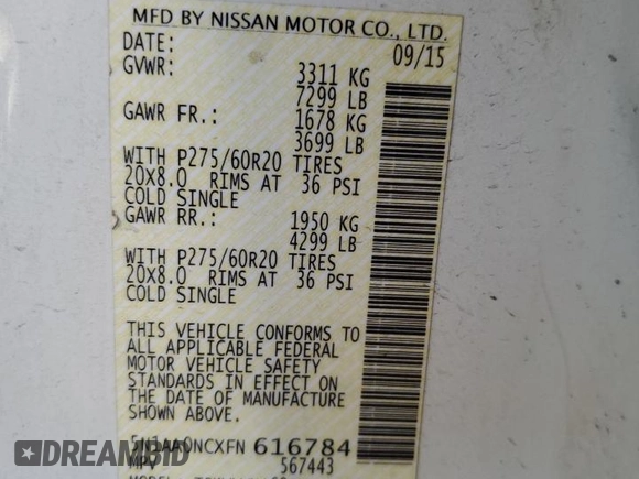 2015 Nissan Armada Platinum z VIN 5N1AA0NCXFN616784, wystawiony jako Copart lot #73331944 z przebiegiem 187 771 mil mil oraz Szkoda całkowita • Salvage title. Historia ofert i sprzedaży dostępna na DreamBid. Obrazek 16.