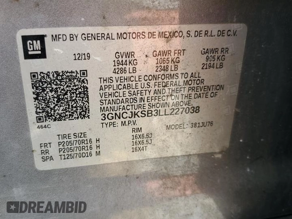 2020 Chevrolet Trax LS z VIN 3GNCJKSB3LL227038, wystawiony jako Copart lot #60031745 z przebiegiem 111 416 mil mil oraz Nie do naprawy • Non repairable. Historia ofert i sprzedaży dostępna na DreamBid. Obrazek 13.