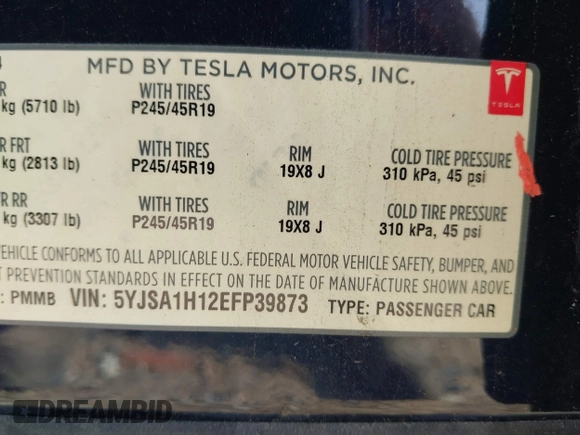2014 Tesla Model S 60 with VIN 5YJSA1H12EFP39873, listed as a IAAI auction lot 42443414 with 132,773 mi miles and . Bid and sale history available at DreamBid. Image 9.