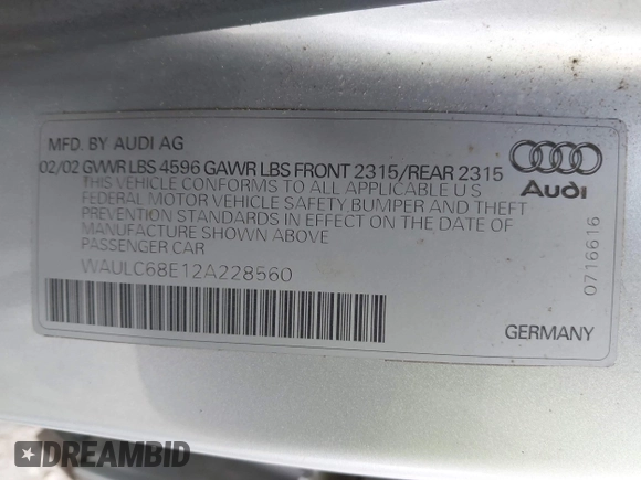 2002 Audi A4 1.8T with VIN WAULC68E12A228560, listed as a IAAI auction lot 41950435 with 251,161 mi miles. Bid and sale history available at carsss.com. Image 9.