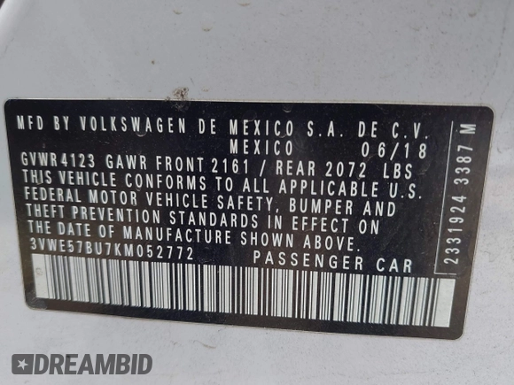 2019 Volkswagen Jetta SEL с VIN 3VWE57BU7KM052772, выставлен на аукционе IAAI как лот 42363391 с пробегом 108 824 миль миль и . История ставок и продаж доступна на DreamBid. Изображение 9.