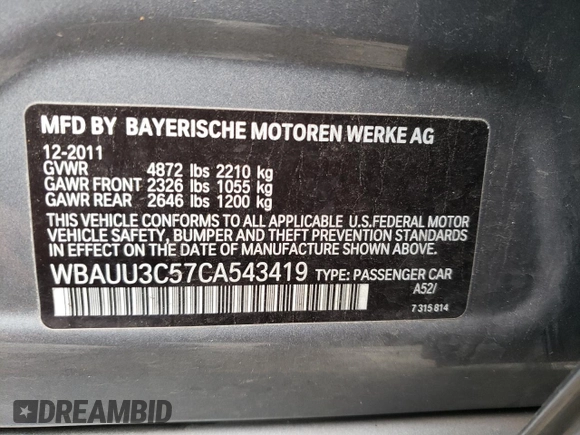 2012 BMW 3 Series 328i xDrive with VIN WBAUU3C57CA543419, listed as a Copart auction lot 85244604 with 79,458 mi miles and Salvage Title. Bid and sale history available at DreamBid. Image 13.