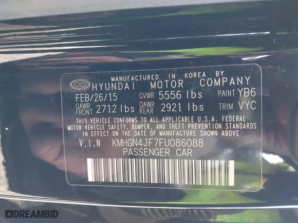 2015 Hyundai Genesis 5.0L with VIN KMHGN4JF7FU086088, listed as a IAAI auction lot 41532546 with 101,655 mi miles. Bid and sale history available at carsss.com. Image 9.