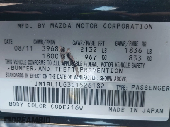 2012 Mazda 3 i Sport with VIN JM1BL1UG3C1526182, listed as a IAAI auction lot 41284428 with 153,809 mi miles and . Bid and sale history available at DreamBid. Image 9.