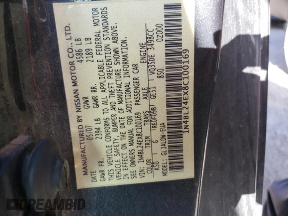 2008 Nissan Altima 3.5 SE with VIN 1N4BL24EX8C100169, listed as a Copart auction lot 43843325 with 134,751 mi miles and Salvage Title. Bid and sale history available at carsss.com. Image 12.