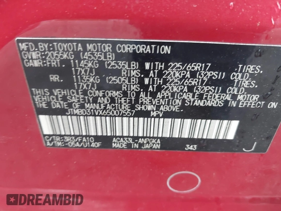 2006 Toyota RAV4 Limited with VIN JTMBD31VX65007557, listed as a IAAI auction lot 42526971 with 134,178 mi miles and . Bid and sale history available at DreamBid. Image 9.
