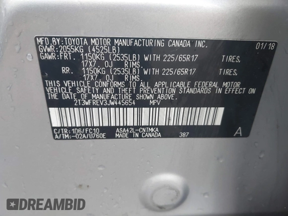 2018 Toyota RAV4 XLE with VIN 2T3WFREV3JW445654, listed as a IAAI auction lot 40849666 with 69,365 mi miles and . Bid and sale history available at DreamBid. Image 9.