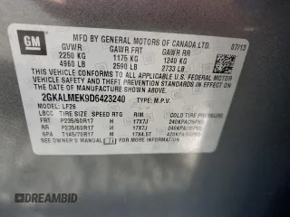 2013 GMC Terrain SLE with VIN 2GKALMEK9D6423240, listed as a Copart auction lot 72660774 with 149,275 mi miles and Salvage title. Bid and sale history available at DreamBid. Image 13.