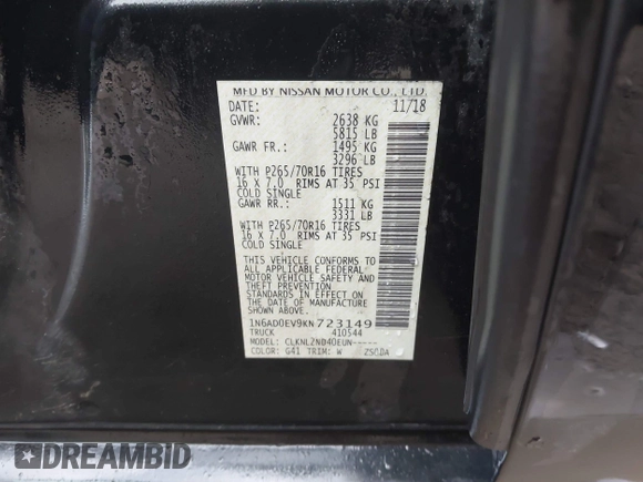 2019 Nissan Frontier SV z VIN 1N6AD0EV9KN723149, wystawiony jako IAAI lot #41978525 z przebiegiem 86 415 mil mil oraz . Historia ofert i sprzedaży dostępna na DreamBid. Obrazek 9.