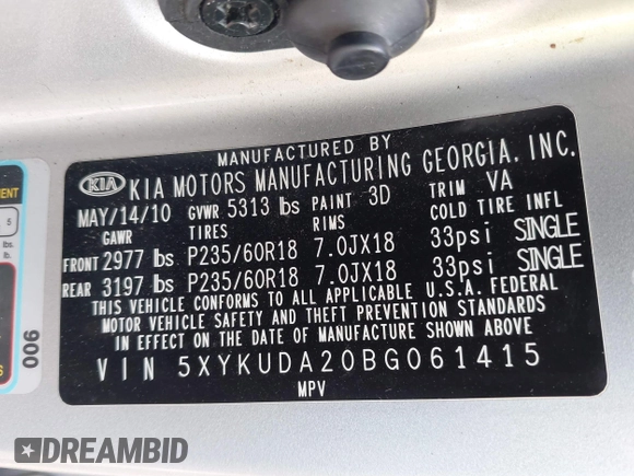 2011 Kia Sorento EX with VIN 5XYKUDA20BG061415, listed as a IAAI auction lot 41808125 with 167,688 mi miles. Bid and sale history available at carsss.com. Image 9.