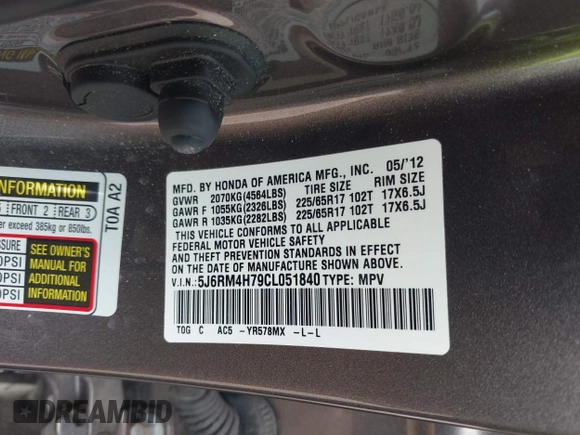 2012 Honda CR-V EX-L with VIN 5J6RM4H79CL051840, listed as a IAAI auction lot 42487917 with 96,849 mi miles and . Bid and sale history available at DreamBid. Image 9.