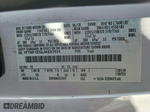 2018 Ford F-150 XL with VIN 1FTNF1E52JKE87531, listed as a IAAI auction lot 42740984 with 121,670 mi miles and . Bid and sale history available at DreamBid. Image 17.