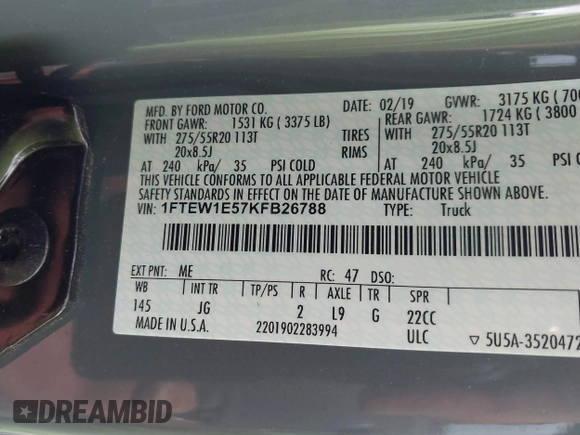 2019 Ford F-150 XL with VIN 1FTEW1E57KFB26788, listed as a IAAI auction lot 42366820 with 78,993 mi miles and . Bid and sale history available at DreamBid. Image 9.