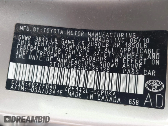 2010 Toyota Corolla with VIN 2T1BU4EEXAC438136, listed as a IAAI auction lot 41487463 with 154,379 mi miles. Bid and sale history available at carsss.com. Image 9.