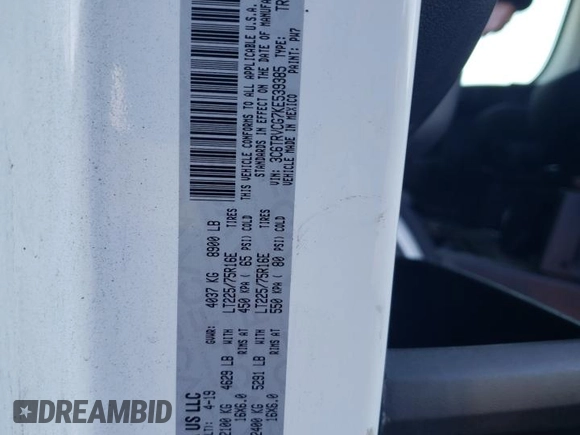 2019 Ram ProMaster Cargo with VIN 3C6TRVCG7KE539385, listed as a Copart auction lot 76939384 with Not Provided miles and Salvage Title. Bid and sale history available at DreamBid. Image 13.