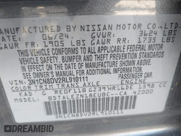 2024 Nissan Versa S z VIN 3N1CN8DV2RL910111, wystawiony jako IAAI lot #42028037 z przebiegiem 12 848 mil mil oraz . Historia ofert i sprzedaży dostępna na DreamBid. Obrazek 9.
