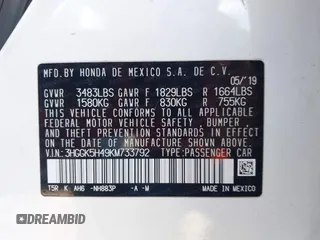 2019 Honda Fit LX with VIN 3HGGK5H49KM733792, listed as a IAAI auction lot 42597164 with 88,161 mi miles and . Bid and sale history available at DreamBid. Image 9.