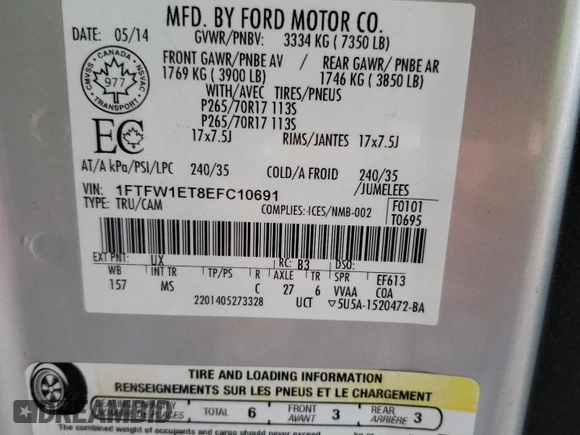 2014 Ford F-150 XL with VIN 1FTFW1ET8EFC10691, listed as a Copart auction lot 49817555 with 241,581 mi miles and Salvage Title. Bid and sale history available at carsss.com. Image 14.