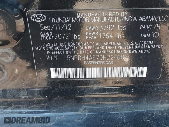 2013 Hyundai Elantra GLS with VIN 5NPDH4AE7DH224600, listed as a IAAI auction lot 42345837 with 149,157 mi miles and . Bid and sale history available at DreamBid. Image 9.