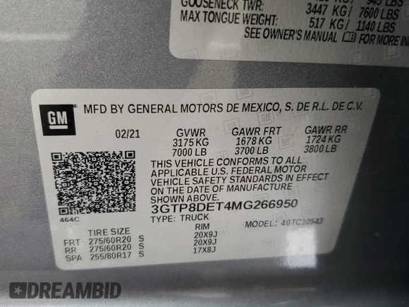 2021 GMC Sierra 1500 with VIN 3GTP8DET4MG266950, listed as a Copart auction lot 81965234 with 55,968 mi miles and Salvage Title. Bid and sale history available at DreamBid. Image 12.