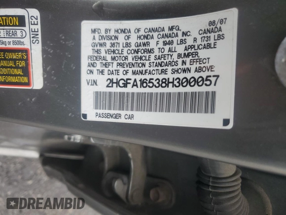 2008 Honda Civic LX z VIN 2HGFA16538H300057, wystawiony jako Copart lot #60214025 z przebiegiem 122 771 mil mil oraz Szkoda całkowita • Salvage title. Historia ofert i sprzedaży dostępna na DreamBid. Obrazek 12.