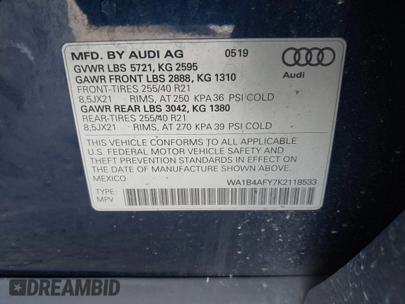 2019 Audi SQ5 Premium Plus z VIN WA1B4AFY7K2118533, wystawiony jako IAAI lot #41831763 z przebiegiem 66 432 mil mil oraz . Historia ofert i sprzedaży dostępna na DreamBid. Obrazek 9.
