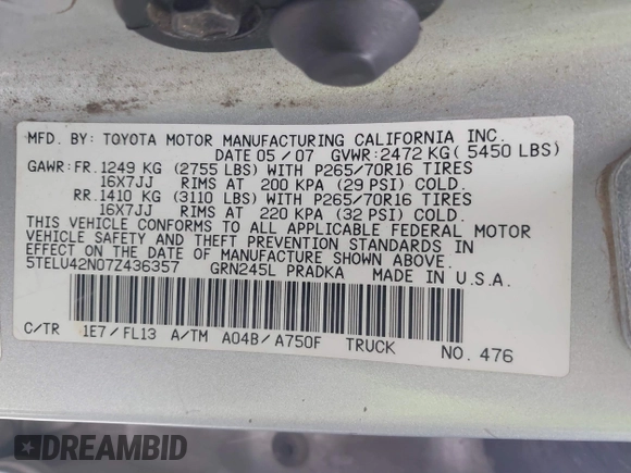 2007 Toyota Tacoma with VIN 5TELU42N07Z436357, listed as a IAAI auction lot 41285063 with 228,128 mi miles and . Bid and sale history available at DreamBid. Image 9.