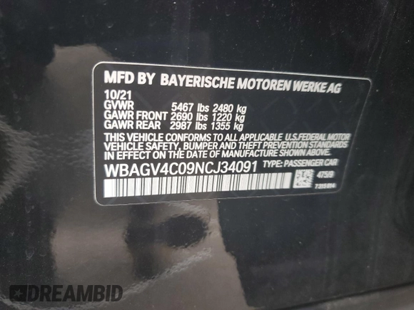 2022 BMW 8 Series 840i with VIN WBAGV4C09NCJ34091, listed as a Copart auction lot 74866423 with 36,632 mi miles and . Bid and sale history available at DreamBid. Image 12.