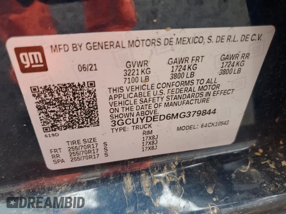 2021 Chevrolet Silverado 1500 LT with VIN 3GCUYDED6MG379844, listed as a Copart auction lot 42986335 with 86,118 mi miles and Salvage Title. Bid and sale history available at carsss.com. Image 14.