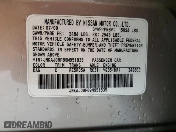 2009 Infiniti EX Journey with VIN JNKAJ09F89M951835, listed as a Copart auction lot 71308344 with 121,617 mi miles and Salvage title. Bid and sale history available at DreamBid. Image 13.
