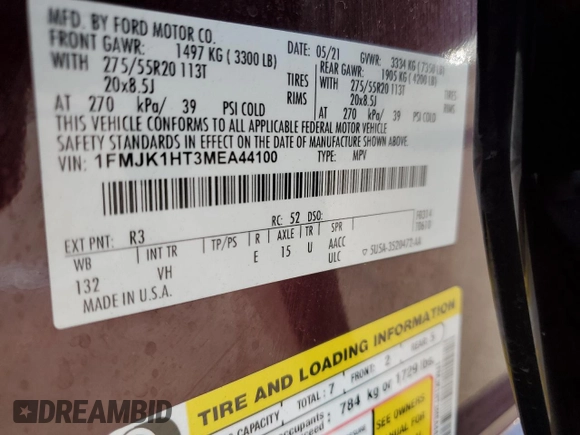 2021 Ford Expedition Max XLT with VIN 1FMJK1HT3MEA44100, listed as a Copart auction lot 78116324 with Not provided miles and Salvage title. Bid and sale history available at DreamBid. Image 13.