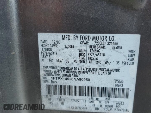 2006 Ford F-150 XLT with VIN 1FTPX14526NA90950, listed as a Copart auction lot 49777895 with 0 mi miles and Salvage Title. Bid and sale history available at carsss.com. Image 12.