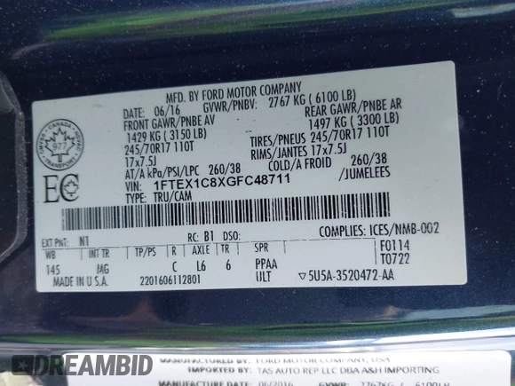 2016 Ford F-150 XL with VIN 1FTEX1C8XGFC48711, listed as a IAAI auction lot 42354087 with Not provided miles and . Bid and sale history available at DreamBid. Image 9.