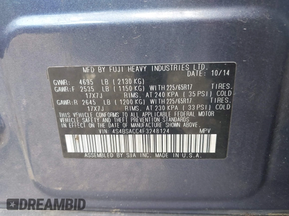2015 Subaru Outback Premium with VIN 4S4BSACC4F3248124, listed as a IAAI auction lot 42722412 with 154,532 mi miles and . Bid and sale history available at DreamBid. Image 9.