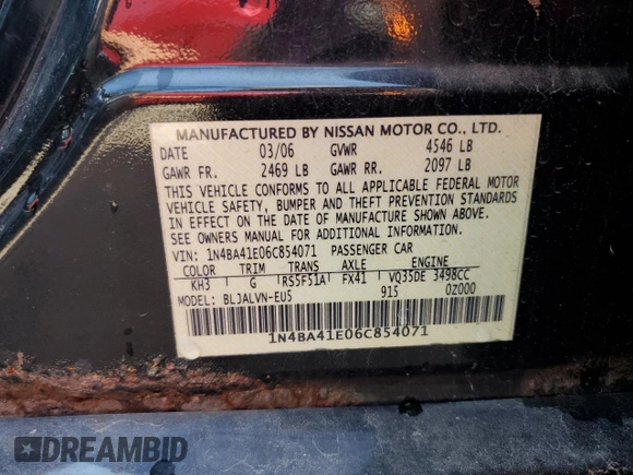 2006 Nissan Maxima SE with VIN 1N4BA41E06C854071, listed as a Copart auction lot 71226654 with 144,355 mi miles and Salvage Title. Bid and sale history available at DreamBid. Image 12.