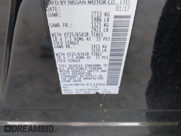 2017 Nissan Pathfinder SV with VIN 5N1DR2MM7HC651986, listed as a IAAI auction lot 42012621 with 379,678 mi miles. Bid and sale history available at carsss.com. Image 9.
