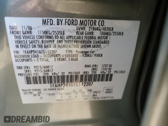 2007 Ford Five Hundred SEL with VIN 1FAHP24107G142207, listed as a Copart auction lot 75308824 with 0 mi miles and Non Repairable. Bid and sale history available at carsss.com. Image 13.