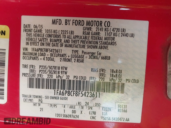 2015 Ford Mustang GT with VIN 1FA6P8CF8F5423611, listed as a IAAI auction lot 41915158 with 132,935 mi miles and . Bid and sale history available at carsss.com. Image 9.